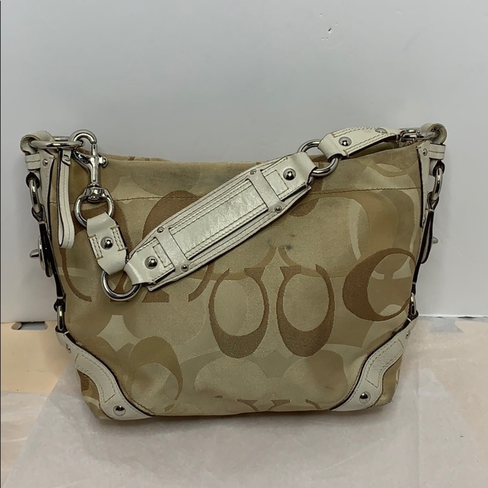 Coach signature beige tan Carly optic white trim